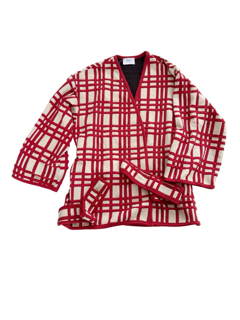 Zara Red and Off-White Checkered Wrap Shirt Jacket
